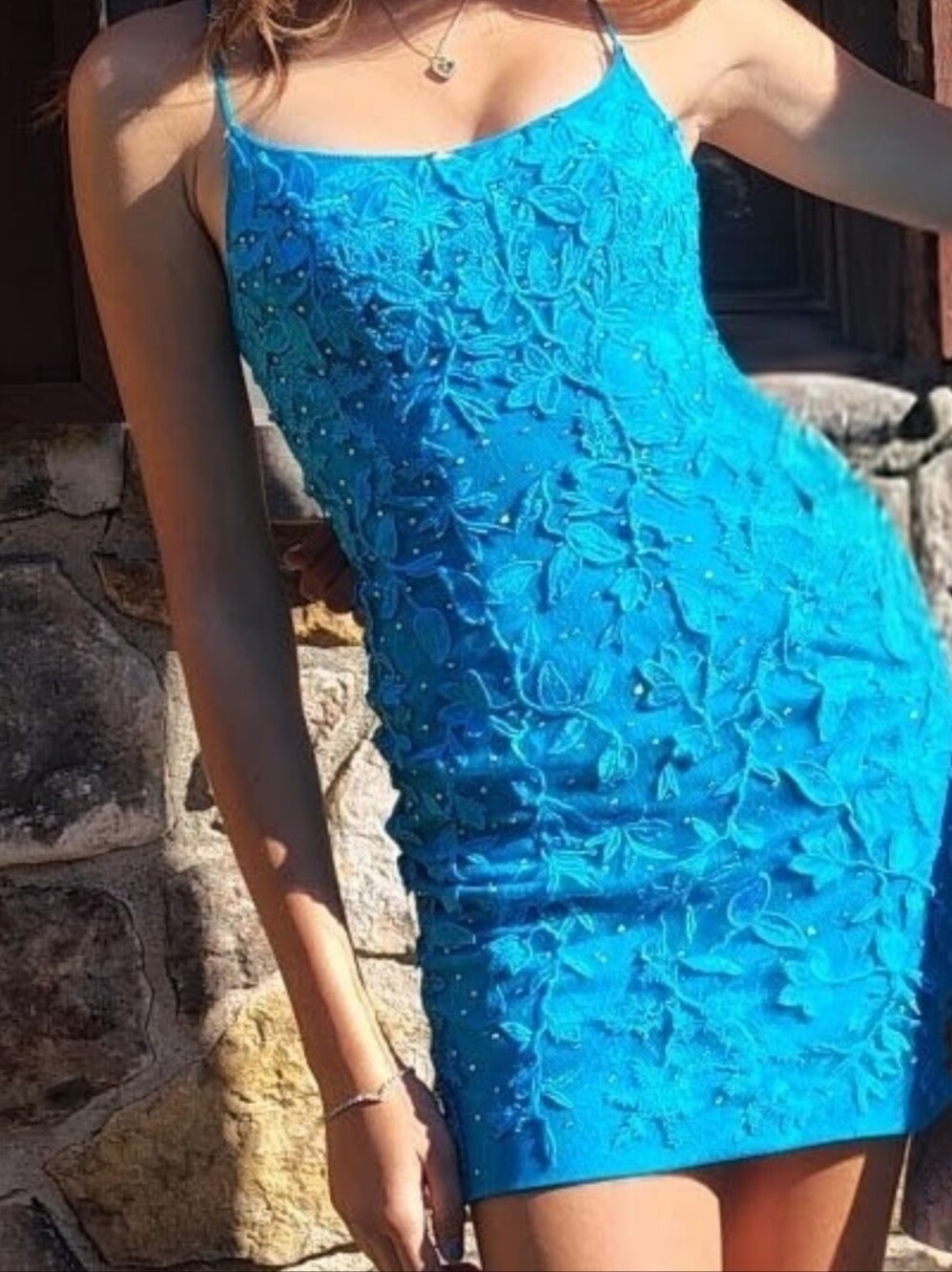 Teal Embroidered Slip Dress with Beaded Accents